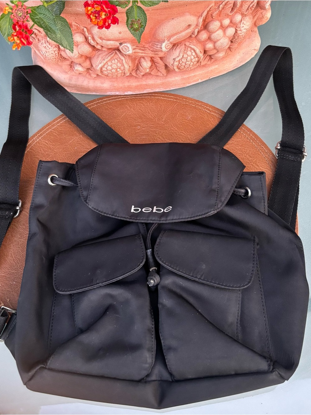 Bebe Black Backpack with Silver Trim-EUC